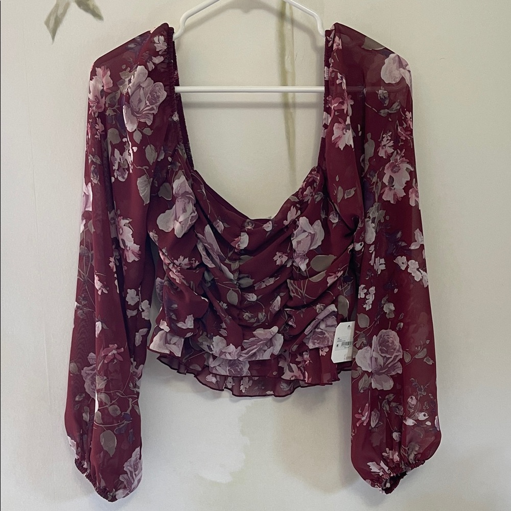 Altar'd State Burgundy Floral Cropped Ruched Blouse